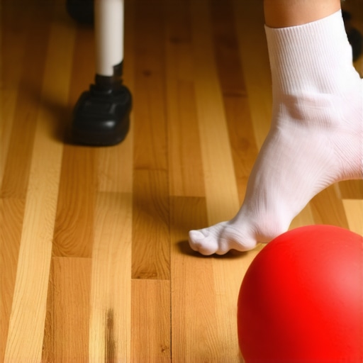 Person using a lacrosse ball under their desk to release tension in their feet and lower back.