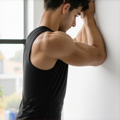 Man using a lacrosse ball for thoracic spine mobility against a white wall.