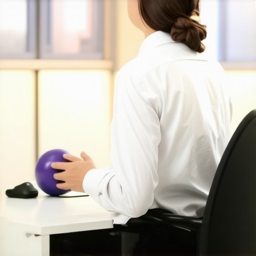 Person using a massage ball for mid-back relief at a desk