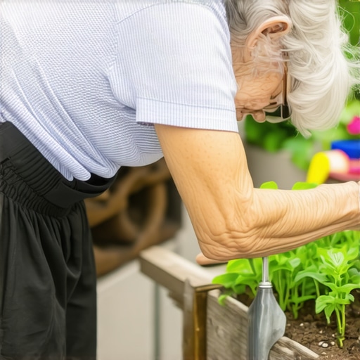 Mastering the Hip Hinge for Back-Safe Gardening A woman demonstrating the hip hinge technique to prevent back pain while gardening.