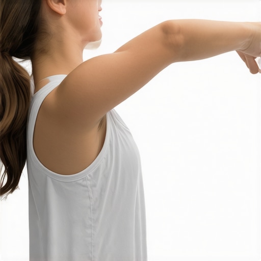 Person doing the wall angel posture correction move against a white wall
