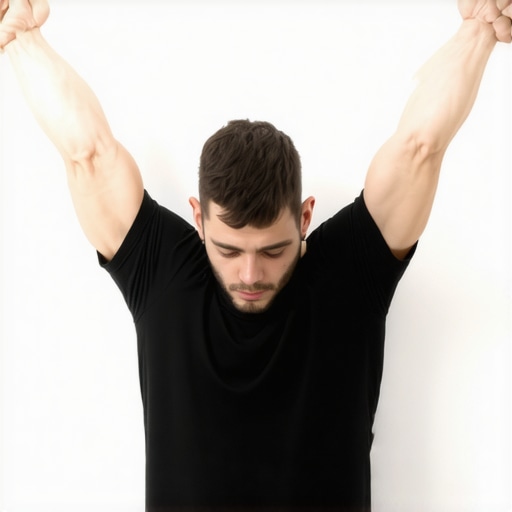 Man performing wall angel exercise for better posture and mid-back pain relief.
