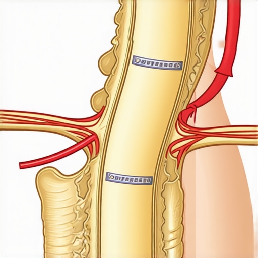 Anatomical diagram of a central disc bulge causing bilateral nerve irritation in the lower back.