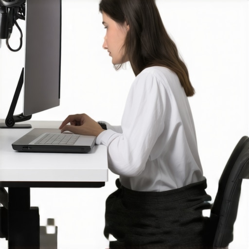 An illustration of a correct ergonomic desk setup including a laptop stand and footrest to prevent neck pain.