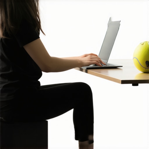 Person using a laptop stand and foot mobility ball to maintain posture at work.