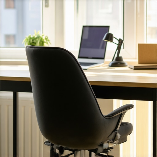 A home office setup showing a lumbar roll and topographic standing mat for better posture