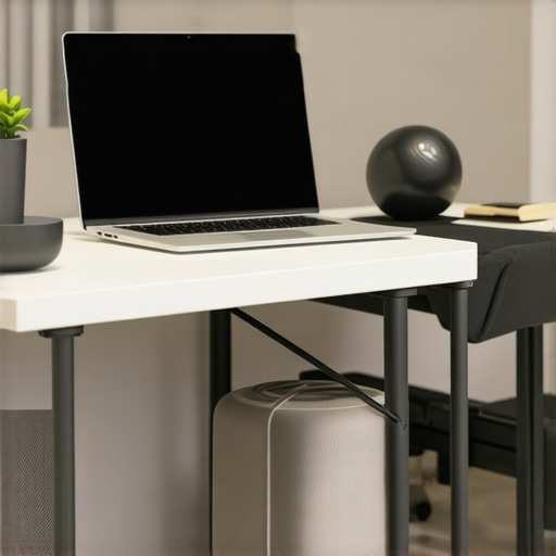Home office setup with ergonomic laptop stand and mobility tools like a foam roller and massage ball.