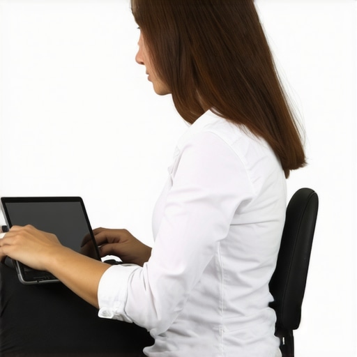 Demonstration of a neutral pelvic tilt using a lumbar roll to prevent lower back pain while sitting.