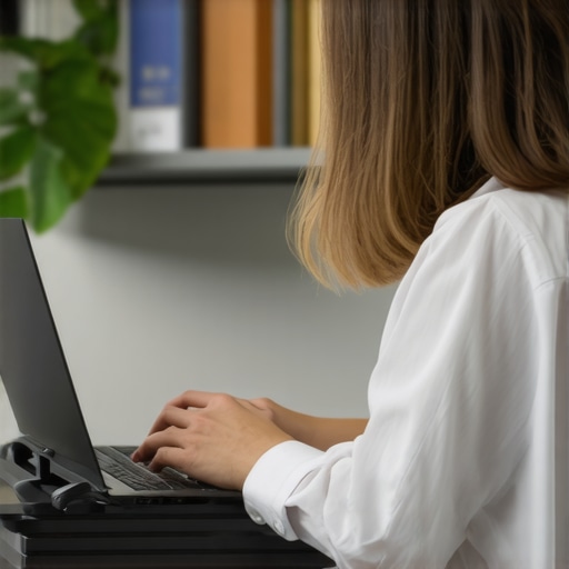 Side view of a person using a laptop stand to maintain eye-level screen height and healthy posture.