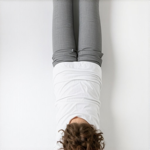 A person using a lumbar roll and knee pillow to maintain a neutral spine while sleeping on their back.