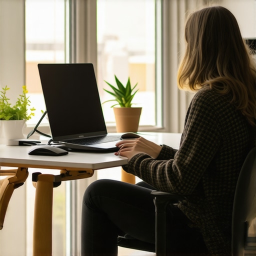 A modern home office with ergonomic tools like a laptop stand and footrest for better posture.
