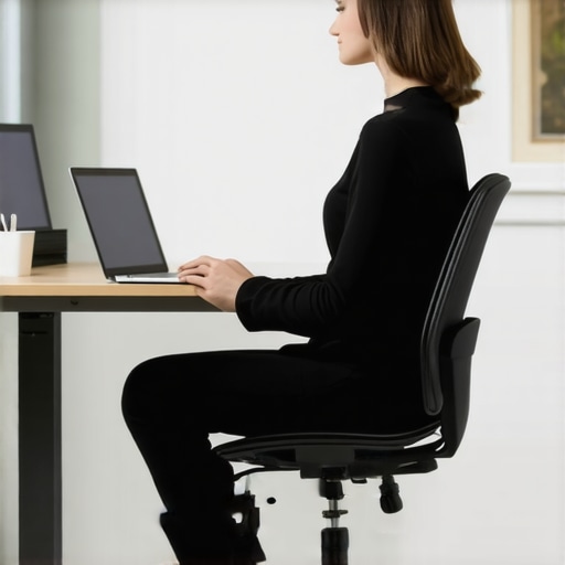 A desk setup featuring a laptop riser and lumbar support to prevent neck strain and improve posture.