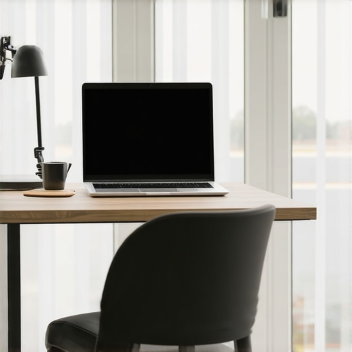 A laptop on an ergonomic stand at eye level to prevent neck strain in a modern office.