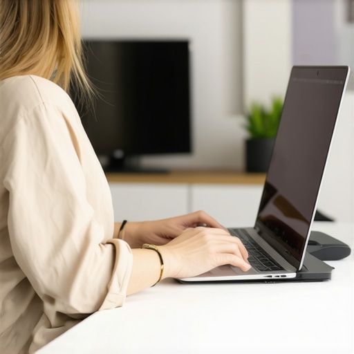 Person using a laptop stand and external keyboard to maintain a neutral spine and healthy neck posture.