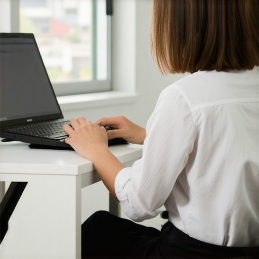Close up of an ergonomic desk setup showing laptop stand and split keyboard for posture maintenance