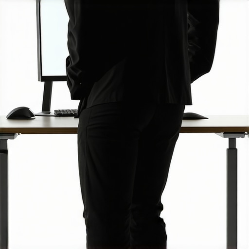 A person using a standing desk and footstool to maintain a neutral pelvis and avoid nerve pressure.