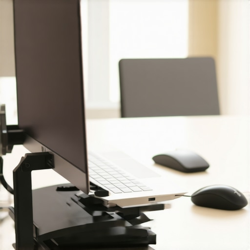 Professional Ergonomic Desk Setup for Rib Health A laptop on a riser at eye level to prevent rib pain and poor posture.