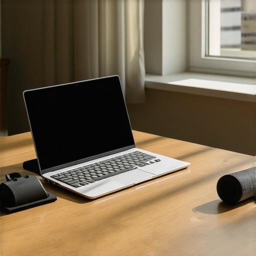 A clean desk setup showing a laptop stand and mobility tools like a foam roller for back health.