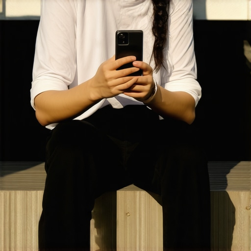 A man holding his phone at eye level to prevent neck strain and rounded shoulders.
