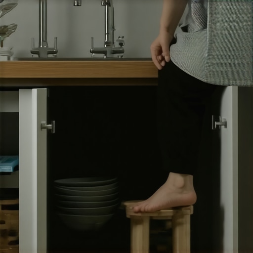 Person using a footstool at the kitchen sink for back pain relief