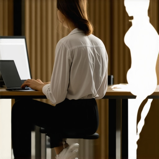 Proper Home Office Ergonomics for Spinal Health Illustration of a person using a laptop stand and footrest to maintain correct posture at a desk.