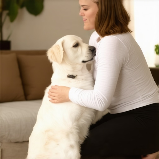 A man correctly lifting a golden retriever by squatting deeply and holding the dog close to his chest.
