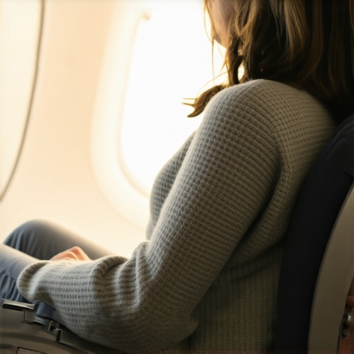 Close-up of a person using a rolled sweater for lumbar support in an economy airplane seat.