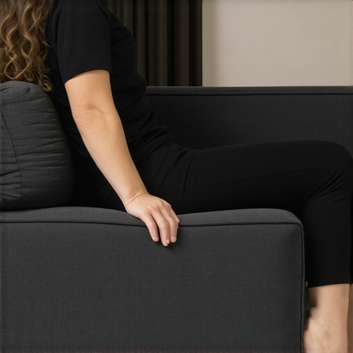 Person demonstrating correct lumbar support on a sofa to prevent back pain