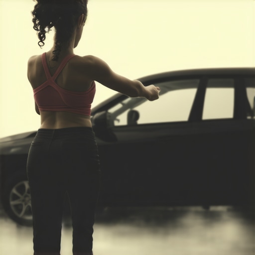 Man demonstrating the butt-first method to enter a car without back pain