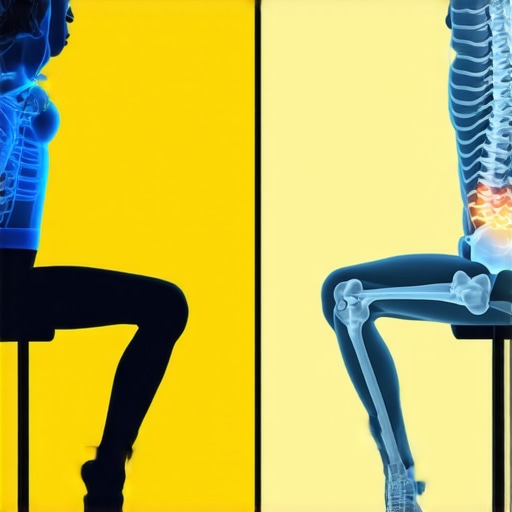 Illustration comparing the mechanical stress of rigid upright sitting versus healthy dynamic posture.