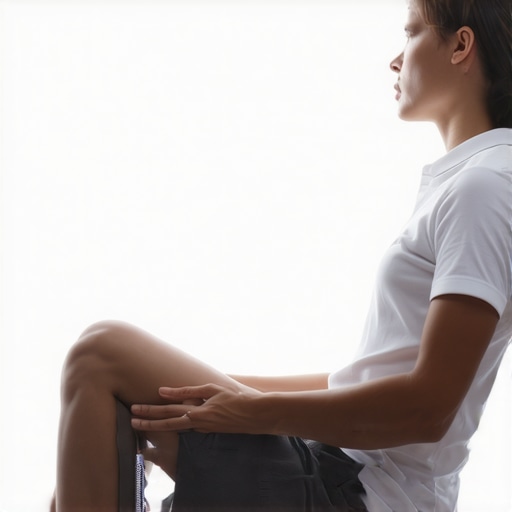 Traveler performing a seated hip stretch in an airplane seat to prevent lower back pain during a long-haul flight.