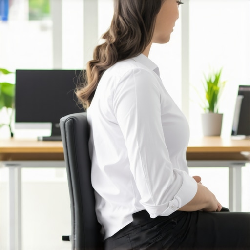 A person demonstrating a seated shoulder blade pin and pelvic reset at a desk to improve posture.