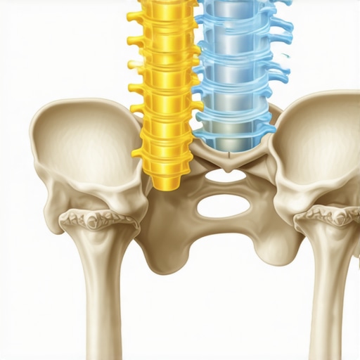 Anatomical view of spinal disc pressure and neural pathways in the lower back.