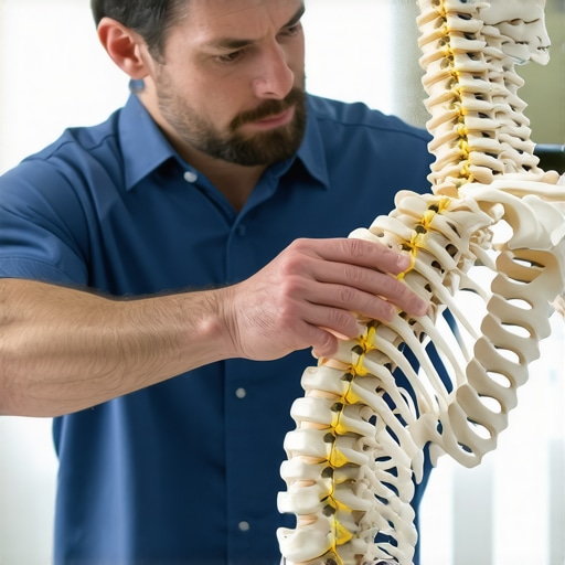 Chiropractor showing the lumbar spine model to explain back pain mechanics.