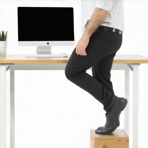 A man using a footstool at a standing desk to prevent hip and back pain.