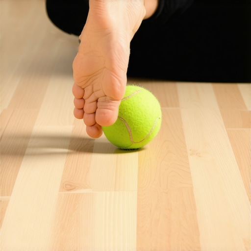 Tennis Ball Foot Release Technique Person using a tennis ball for foot massage to relieve back pain tension.