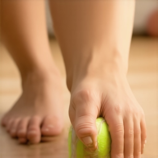 Person massaging their foot arch with a tennis ball to relieve lower back pain