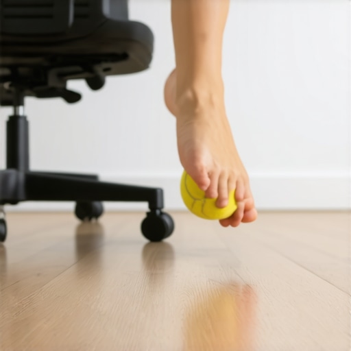 A person using a tennis ball to release foot and back tension at a desk