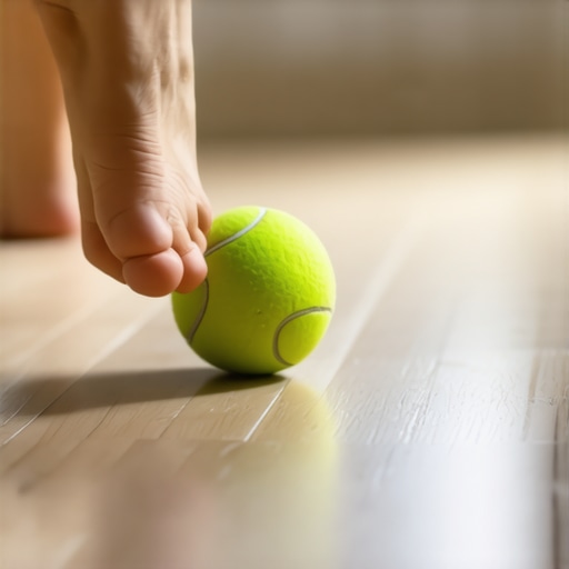 A person using a tennis ball to massage the bottom of their foot to relieve lower back tension.