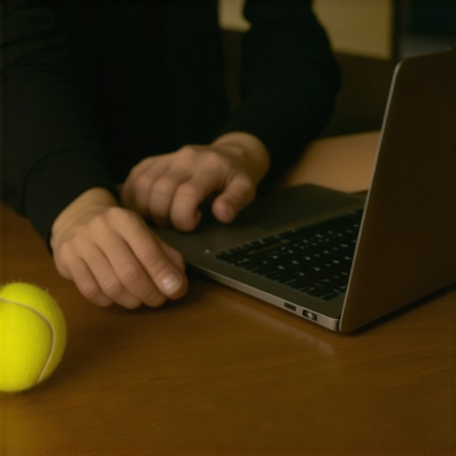 A person using a tennis ball under their foot while working at a desk to relieve lower back tension.