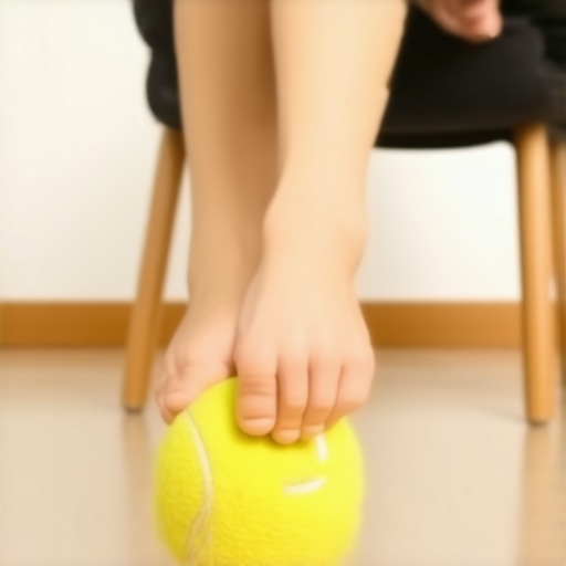 A person using a tennis ball to release foot tension and prevent shin splints while walking.