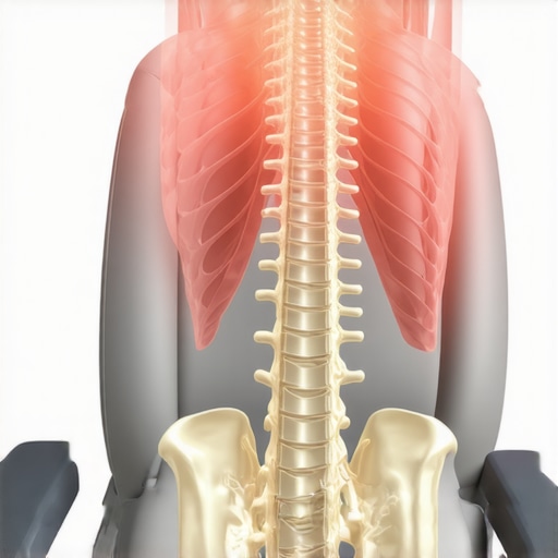 A medical illustration showing how whole-body vibration and muscle tension affect the spine during driving.