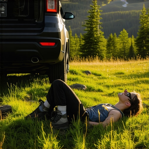 The Trailhead Spinal Reset Position Hiker lying flat on the ground at a trailhead to decompress the spine after a hike.