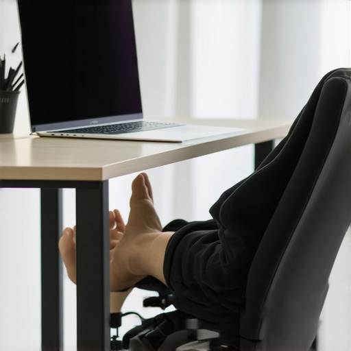 Professional ergonomic desk setup featuring a laptop stand and footrest for spinal health maintenance.