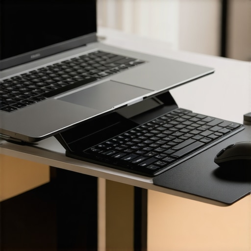A laptop on a stand with a separate keyboard and mouse to prevent tech neck and shoulder pain.