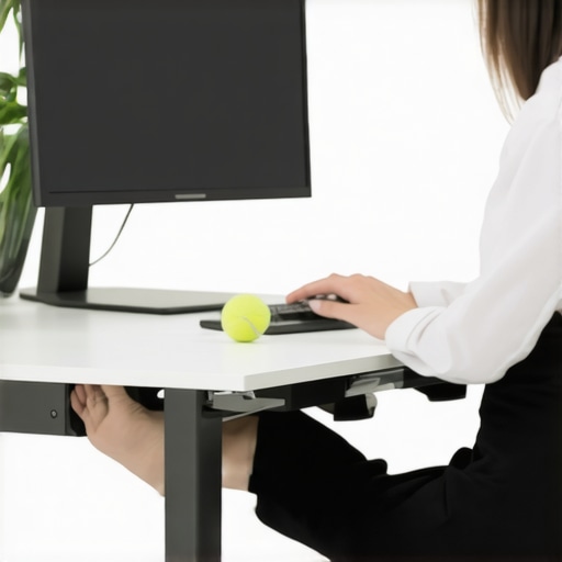 Ergonomic desk setup showing monitor height and foot mobility tools