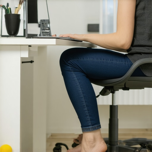 A person demonstrating the use of a laptop stand, lumbar support, and foot release for better posture.