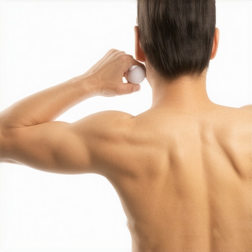 A person performing self-massage on the upper back using a lacrosse ball against a wall.