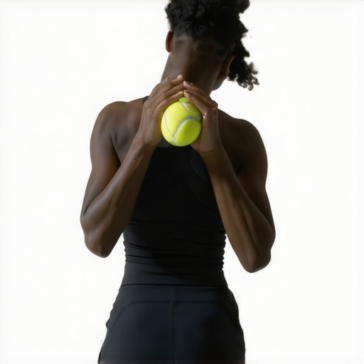 Person using a tennis ball for self-massage on upper back trigger points.