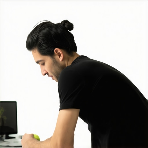 Close-up of a man using a tennis ball to release muscle tension in his upper back against a wall.